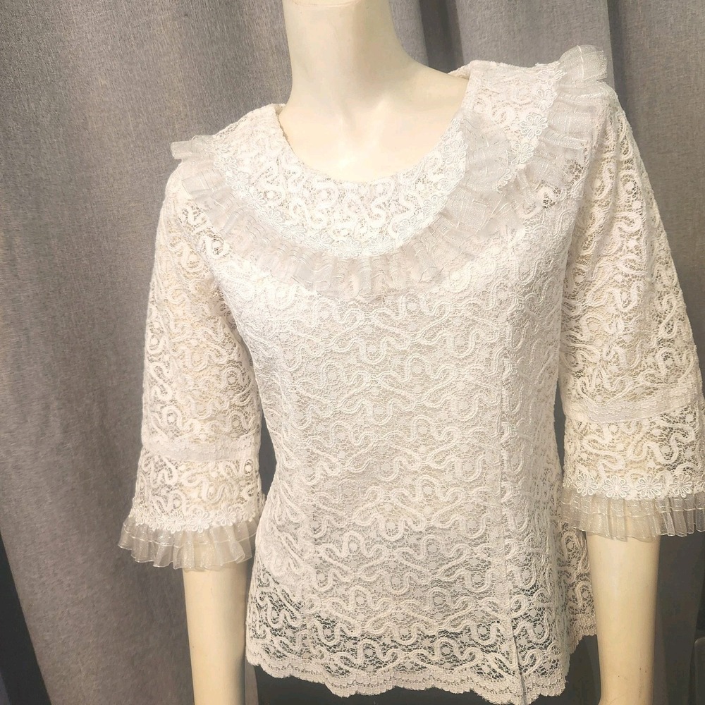 White Lace Belle Sleeve Lolita Style Blouse Peter Pan Collar Organza Lace Trim S